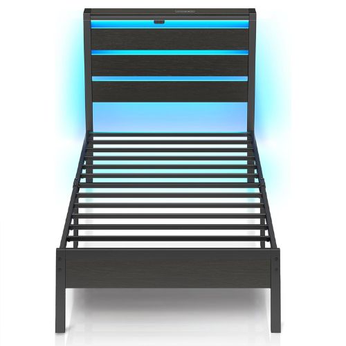 Einzelbett 90x200 cm Metall mit LED und Stauraum
