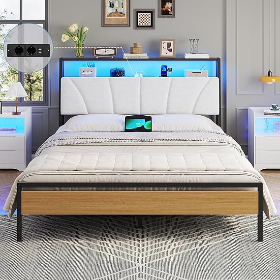 Bed 140x200 cm with LED, metal slatted frame & charging station