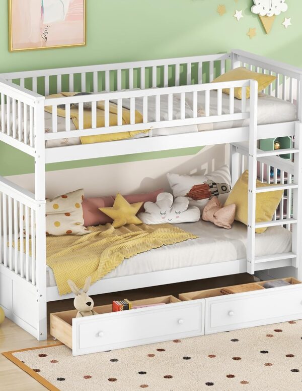 Wooden Bunk Bed 90x200 cm White With Drawers Kids