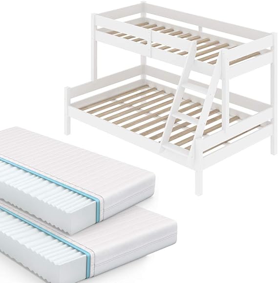 White Wooden Kids Bunk Bed with Safe Stair Access