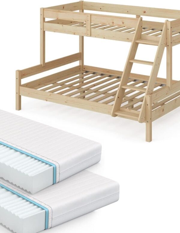 Kids Natural Wood Bunk Bed with 2 Mattresses