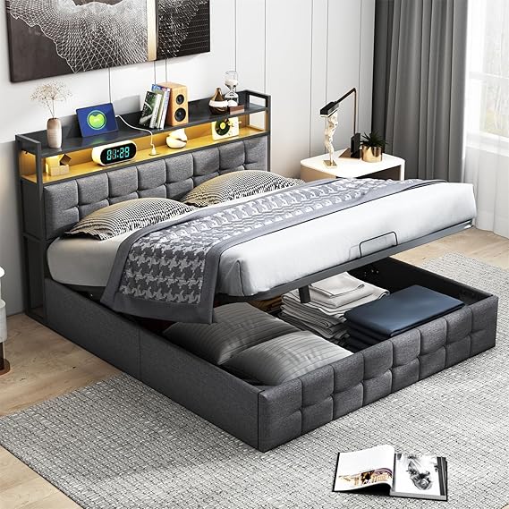 Fabric Double Bed 140x190 Grey with LED & Storage