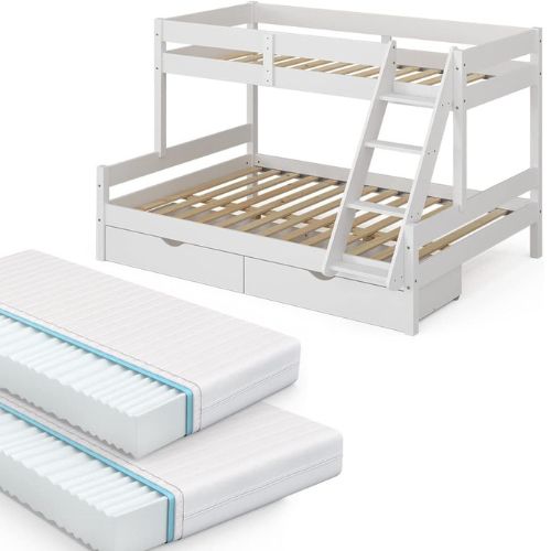 Double Bunk Bed with Drawers and Mattresses – White