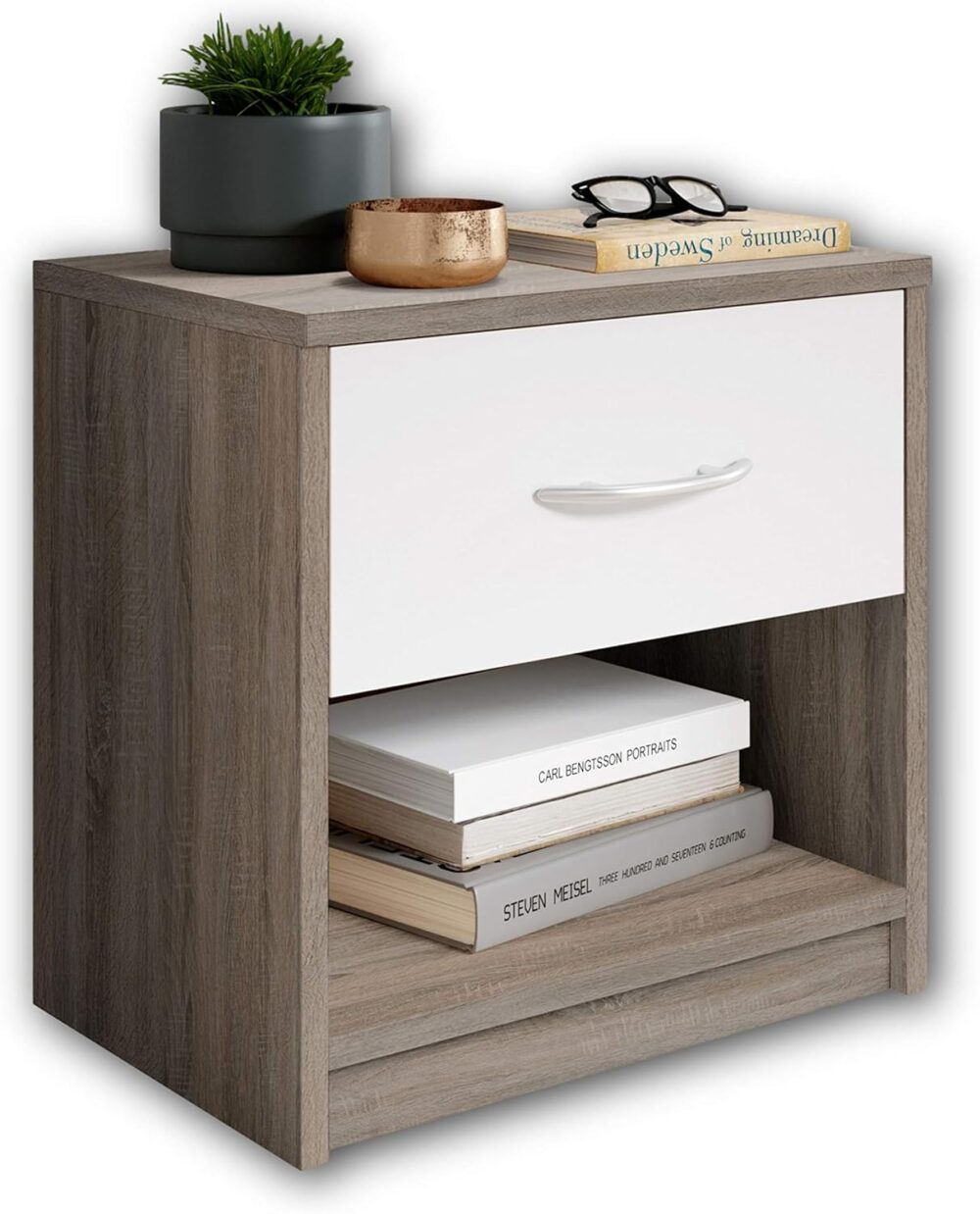 BEDS FOR SALE - Nachttisch in Trüffel-Optik und Weiß – Schlichter Nachtschrank mit einer Schublade, passend zu jedem Bett, 39 x 41 x 28 cm.