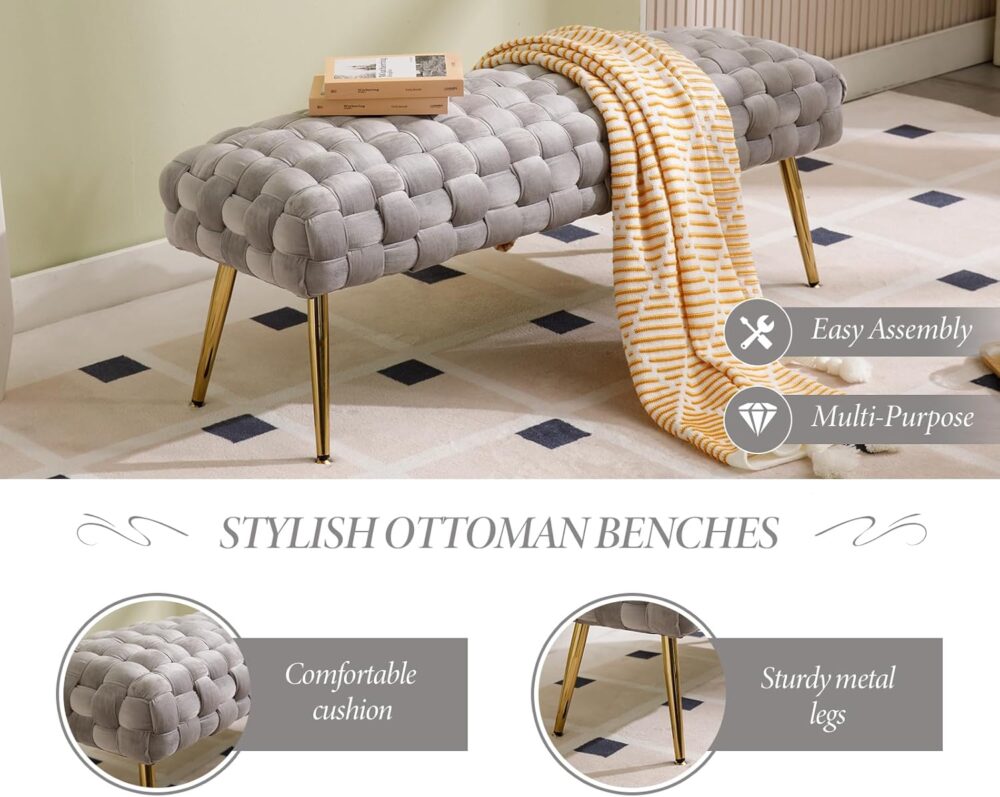 BEDS FOR SALE - Velour Sitzbank mit goldenen Metallbeinen – 120 cm Polsterbank für Schlafzimmer, Flur oder als Aufbewahrungsbank im Wohnzimmer – Bild 4