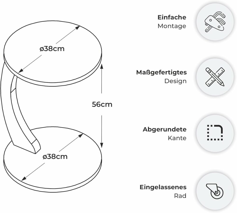 BEDS FOR SALE - Couchtisch mit Rollen – Kleiner Beistelltisch in C-Form, stylischer Sofatisch in Eiche-Optik, runder Tisch als Ablagefläche für Couch und Sofa. – Bild 6