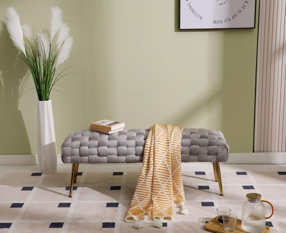 BEDS FOR SALE - Velour Sitzbank mit goldenen Metallbeinen – 120 cm Polsterbank für Schlafzimmer, Flur oder als Aufbewahrungsbank im Wohnzimmer – Bild 5