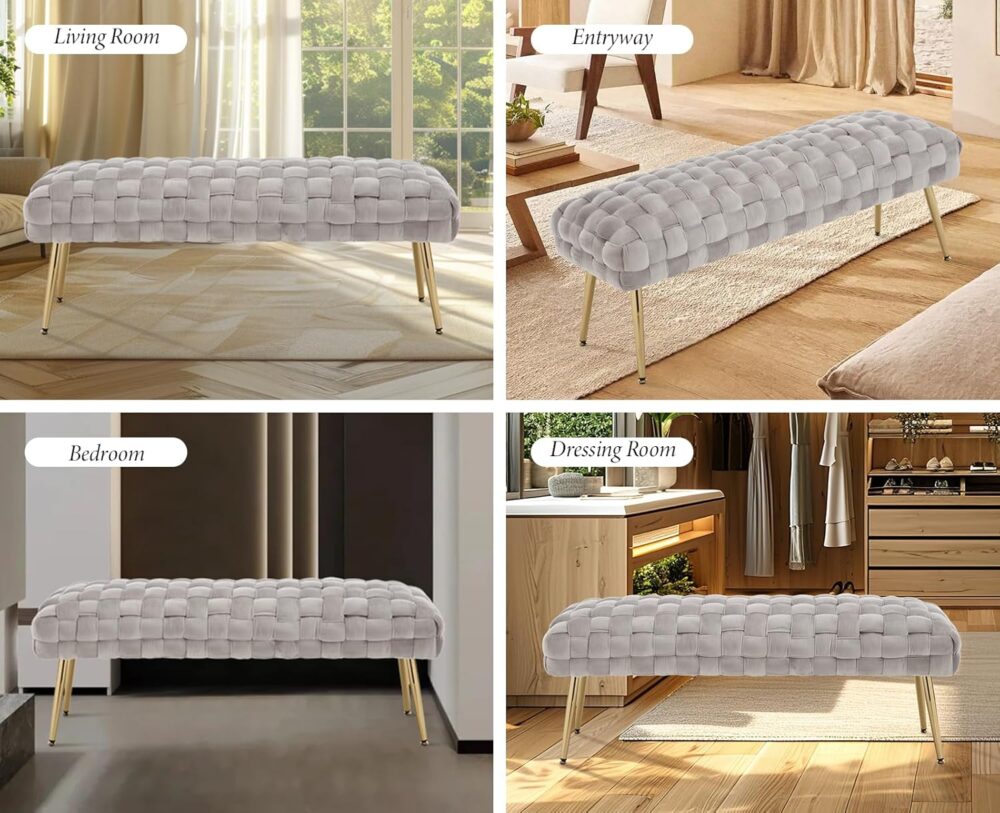 BEDS FOR SALE - Velour Sitzbank mit goldenen Metallbeinen – 120 cm Polsterbank für Schlafzimmer, Flur oder als Aufbewahrungsbank im Wohnzimmer – Bild 6