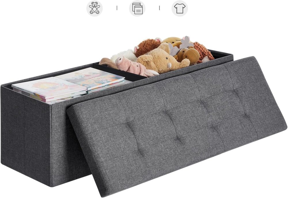 BEDS FOR SALE - Sitzhocker mit Stauraum, Klappbare Sitzbank, 38 x 110 x 38 cm, Fußbank, Aufbewahrungsbox, bis 300 kg belastbar, für Wohnzimmer, Schlafzimmer, Flur, Schiefergrau – Bild 9
