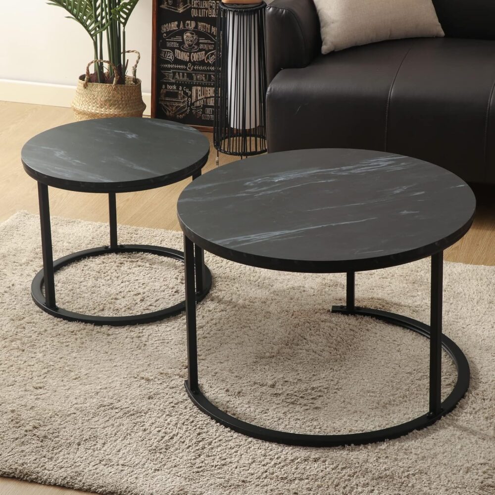 BEDS FOR SALE - Modernes 2er Set Rundes Couchtisch – Holz & Metall, 70x70x45 cm & 50x50x40 cm, für Wohnzimmer, Balkon, Büro – Bild 3