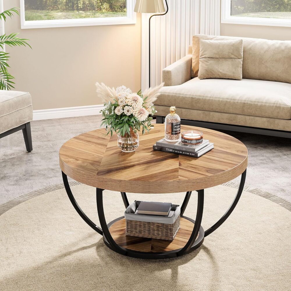 BEDS FOR SALE - Industrieller Runder Couchtisch mit Ablagen – Zwei Ebenen, Moderner Holzakzent, 80,5 cm, für Wohnzimmer & Heimbüro – Bild 5