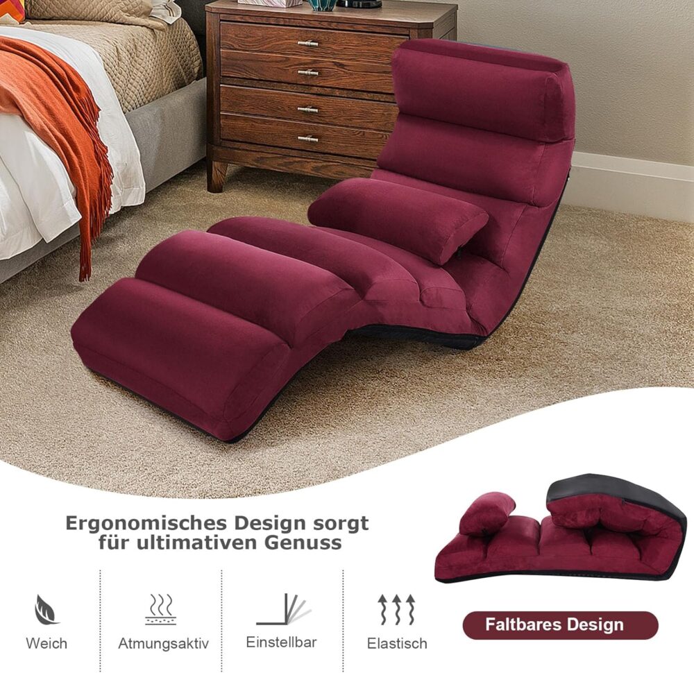 BEDS FOR SALE - Klappbares Bodensofa – 5-Positionen Sessel mit Kopfstütze, Bequemer Polstersessel für Lesen & Entspannen (Wein) – Bild 4