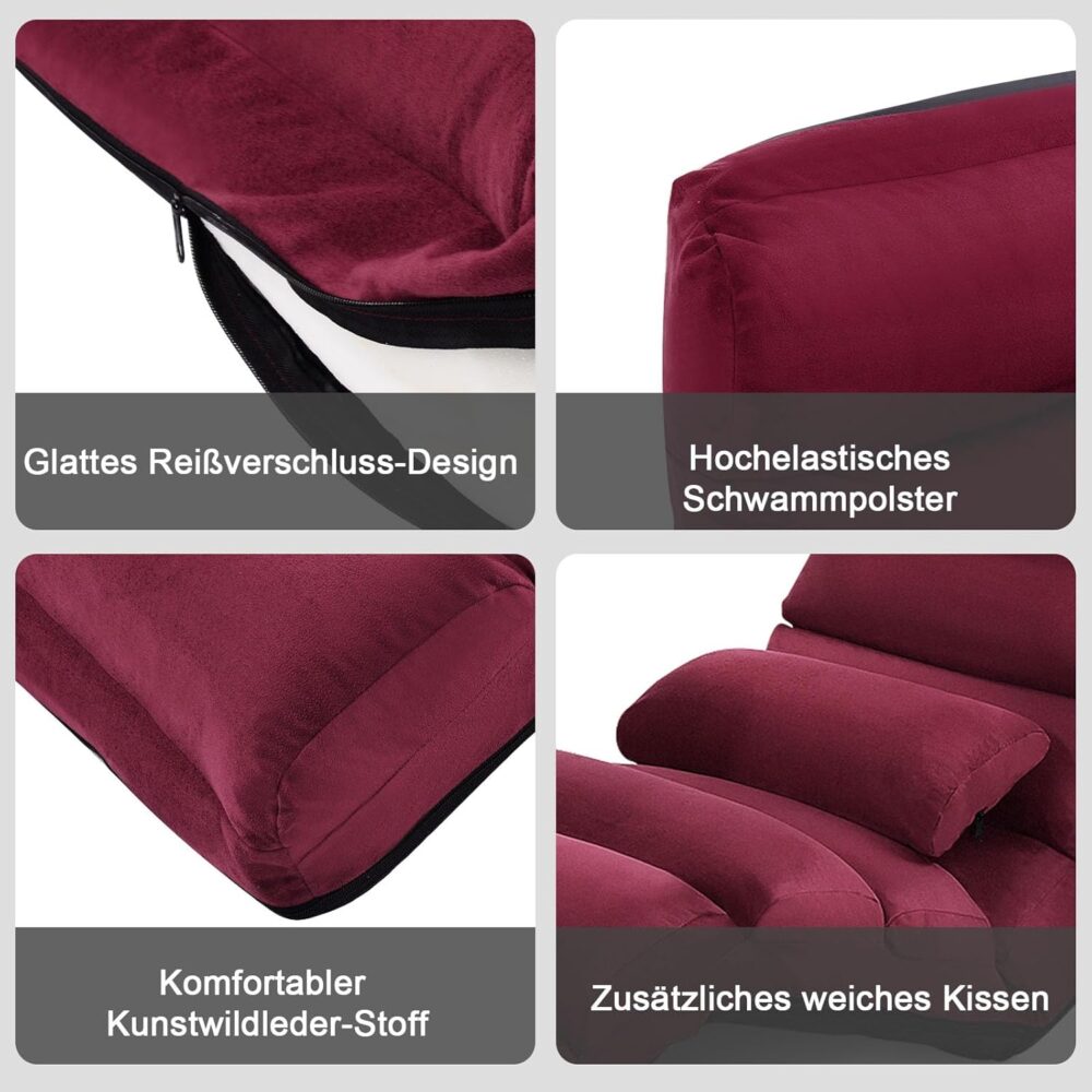 BEDS FOR SALE - Klappbares Bodensofa – 5-Positionen Sessel mit Kopfstütze, Bequemer Polstersessel für Lesen & Entspannen (Wein) – Bild 5