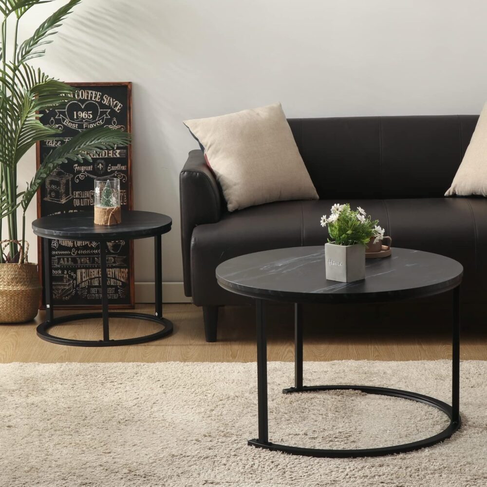 BEDS FOR SALE - Modernes 2er Set Rundes Couchtisch – Holz & Metall, 70x70x45 cm & 50x50x40 cm, für Wohnzimmer, Balkon, Büro – Bild 9