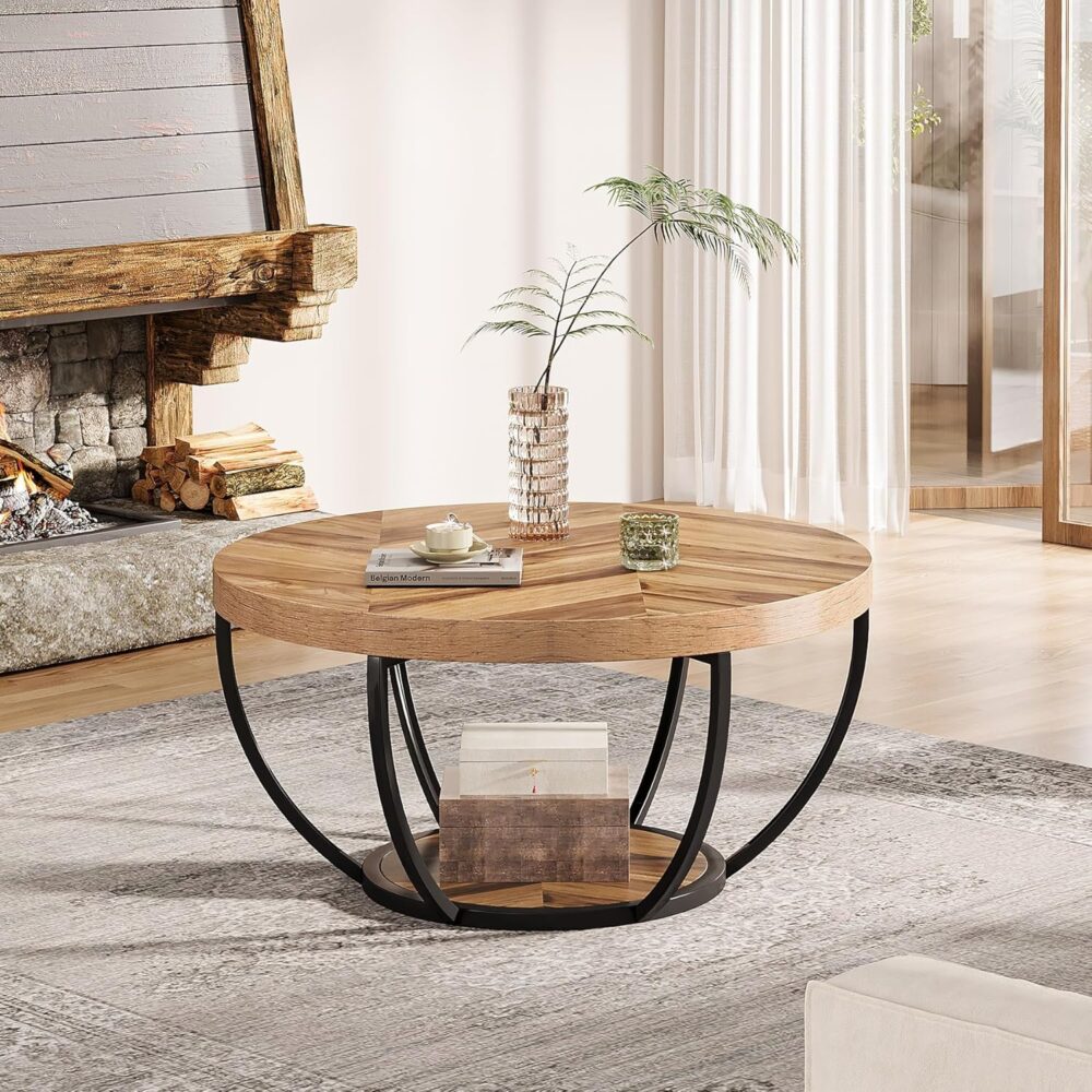 BEDS FOR SALE - Industrieller Runder Couchtisch mit Ablagen – Zwei Ebenen, Moderner Holzakzent, 80,5 cm, für Wohnzimmer & Heimbüro – Bild 9