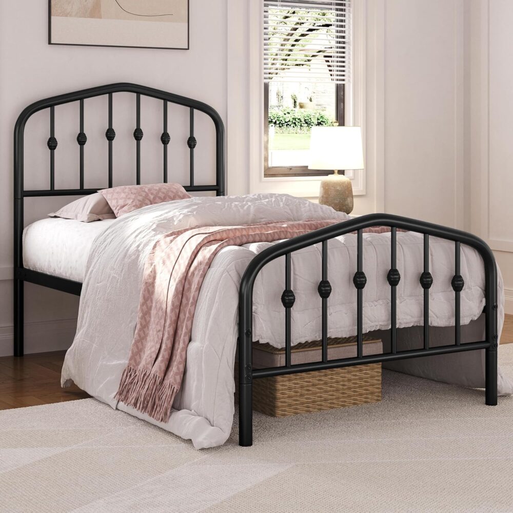 Metallbett 90x200 cm Schwarz – Vintage Bettgestell mit Kopfteil, Stabiles Einzelbett für Gäste- & Jugendzimmer