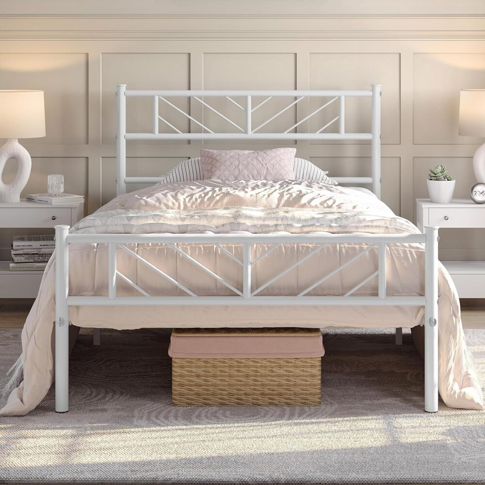 Metallbett 90x200 cm Weiß – Minimalistischer Bettrahmen mit Kopfteil, Lattenrost & 32 cm Stauraum für Schlafzimmer & Gästezimmer