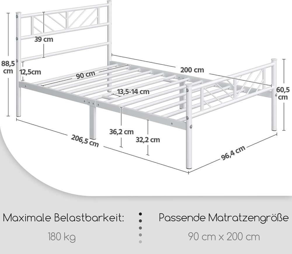 Metallbett 90x200 cm Weiß – Minimalistischer Bettrahmen mit Kopfteil, Lattenrost & 32 cm Stauraum für Schlafzimmer & Gästezimmer – Bild 2