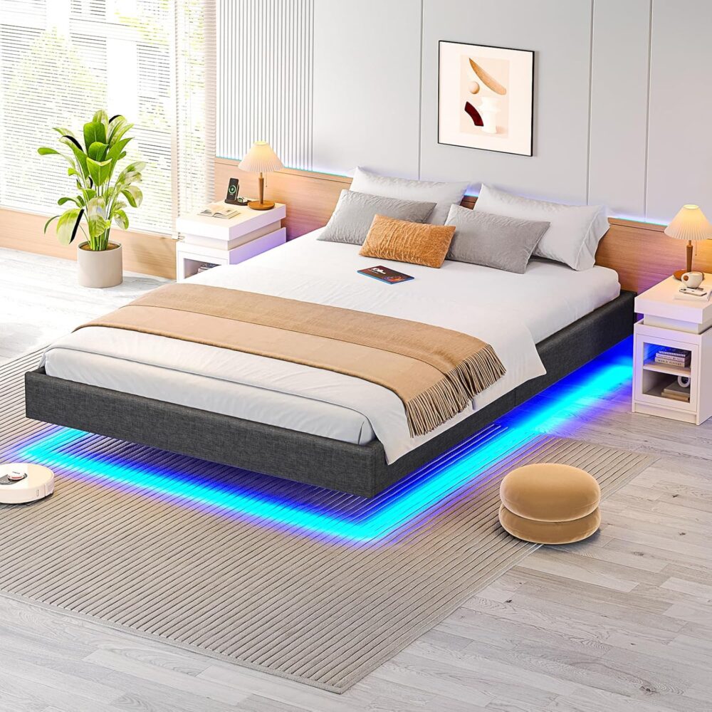 Modernes Einzelbett 90x200 cm mit Lattenrost und LED-Beleuchtung: Gäste- und Jugendbett mit grauem Leinenbezug für Schlafzimmer und Gästezimmer – Bild 2