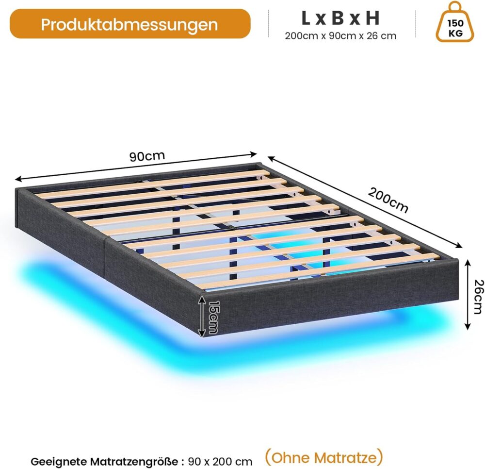 Modernes Einzelbett 90x200 cm mit Lattenrost und LED-Beleuchtung: Gäste- und Jugendbett mit grauem Leinenbezug für Schlafzimmer und Gästezimmer – Bild 3