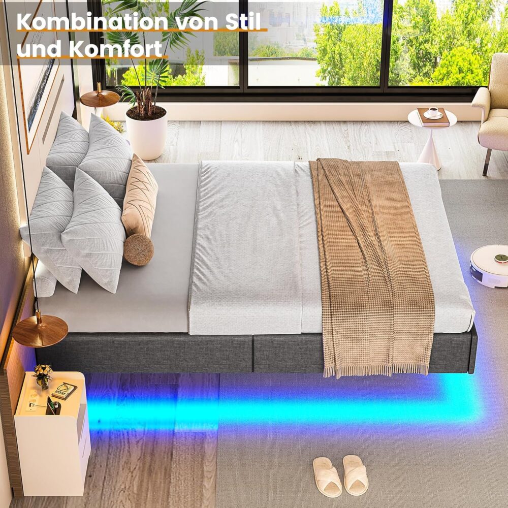 Modernes Einzelbett 90x200 cm mit Lattenrost und LED-Beleuchtung: Gäste- und Jugendbett mit grauem Leinenbezug für Schlafzimmer und Gästezimmer – Bild 4