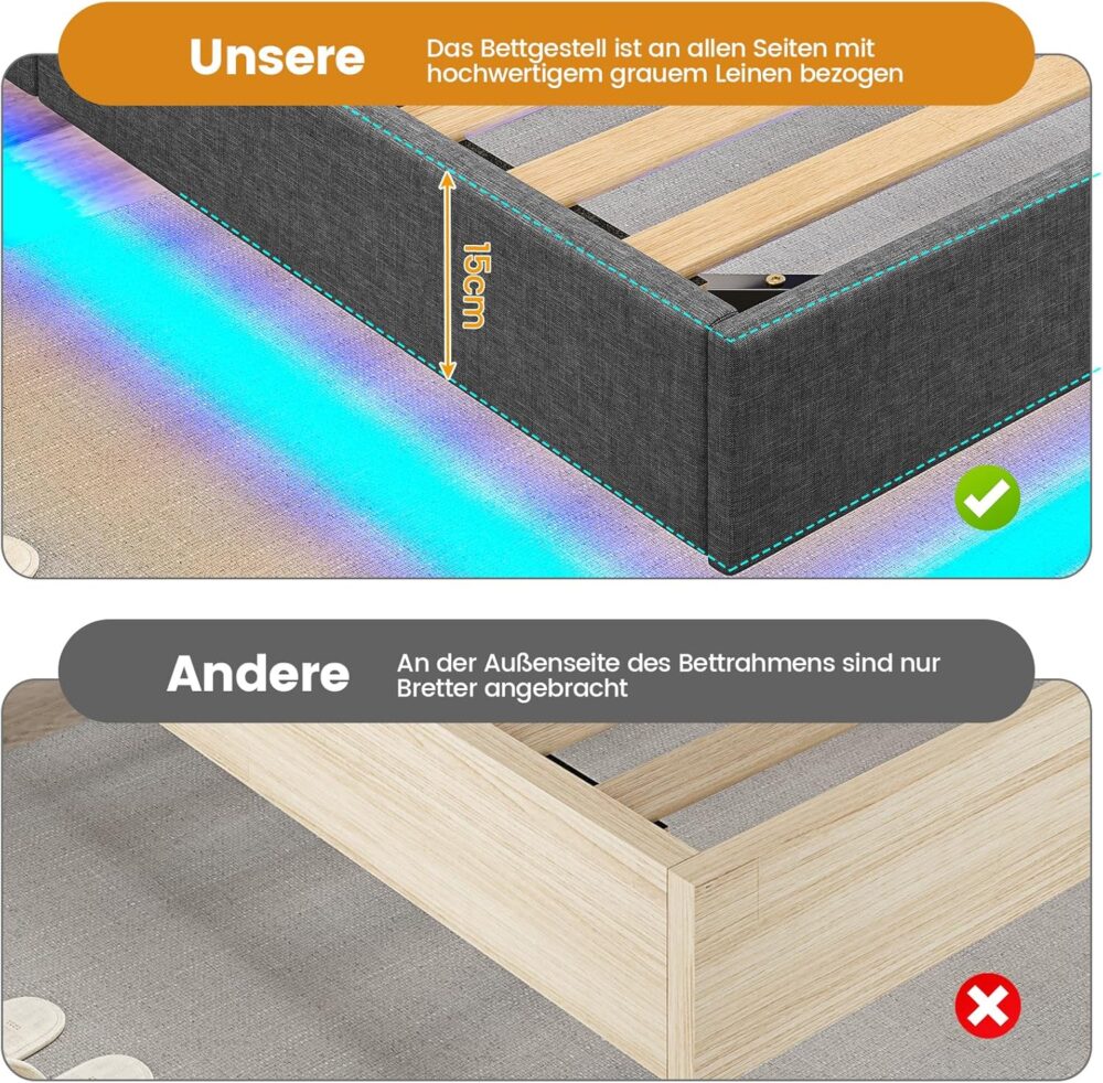 Modernes Einzelbett 90x200 cm mit Lattenrost und LED-Beleuchtung: Gäste- und Jugendbett mit grauem Leinenbezug für Schlafzimmer und Gästezimmer – Bild 5