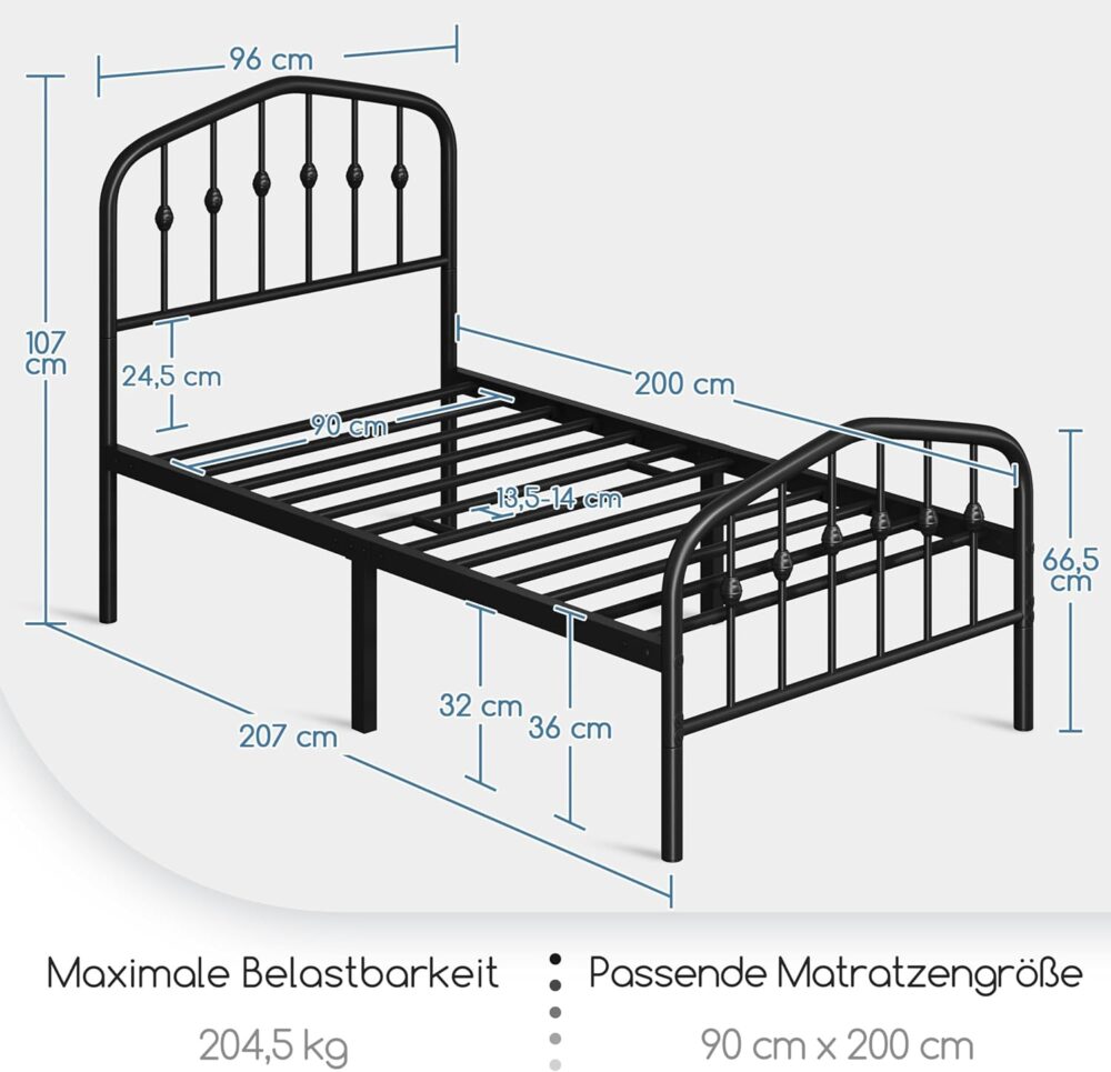 Metallbett 90x200 cm Schwarz – Vintage Bettgestell mit Kopfteil, Stabiles Einzelbett für Gäste- & Jugendzimmer – Bild 2
