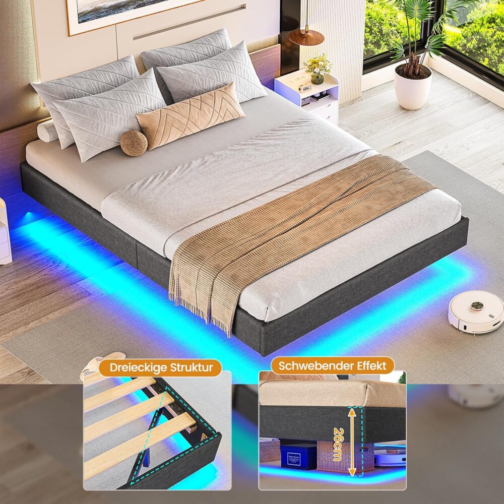 Modernes Einzelbett 90x200 cm mit Lattenrost und LED-Beleuchtung: Gäste- und Jugendbett mit grauem Leinenbezug für Schlafzimmer und Gästezimmer – Bild 7