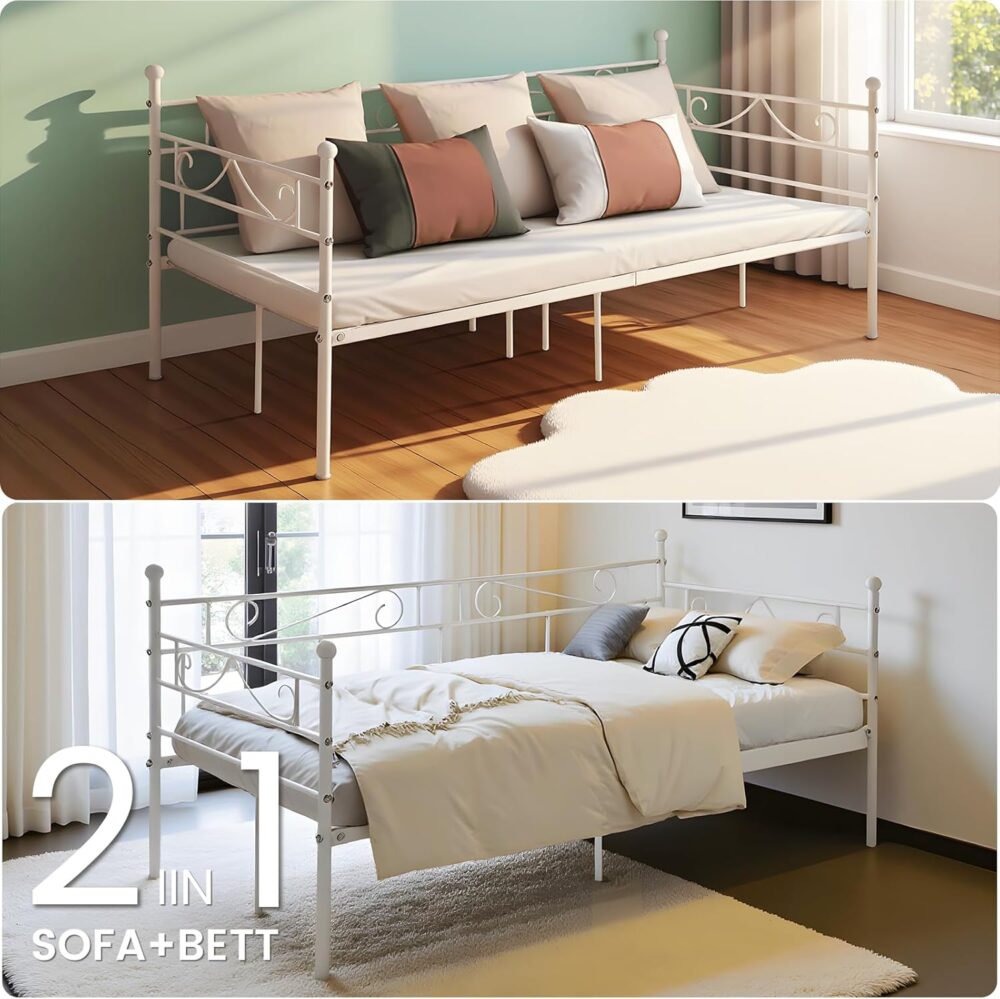 Tagesbett 90x200 cm Bettgestell | Weißes, wasserdichtes Metallbett für Schlafzimmer, Wohnzimmer, Gästezimmer und Jugendzimmer – Bild 4