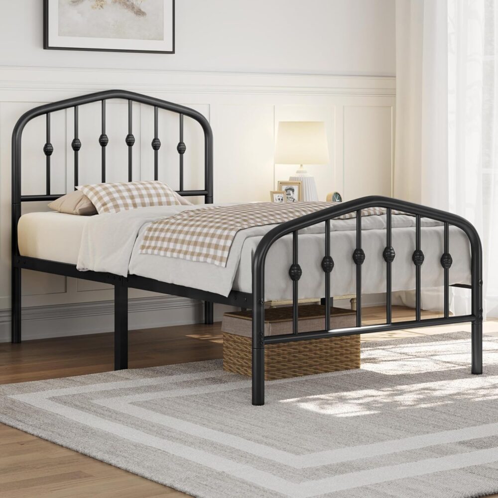 Metallbett 90x200 cm Schwarz – Vintage Bettgestell mit Kopfteil, Stabiles Einzelbett für Gäste- & Jugendzimmer – Bild 3