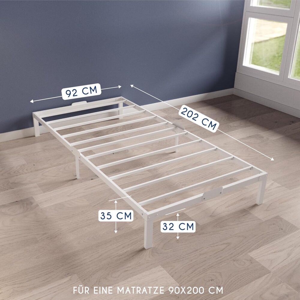 Metallbett 90x200 cm in Weiß | Stabiles Einzelbett mit Lattenrost und großem Stauraum | Höhe 35 cm, leicht zu montieren – Bild 2