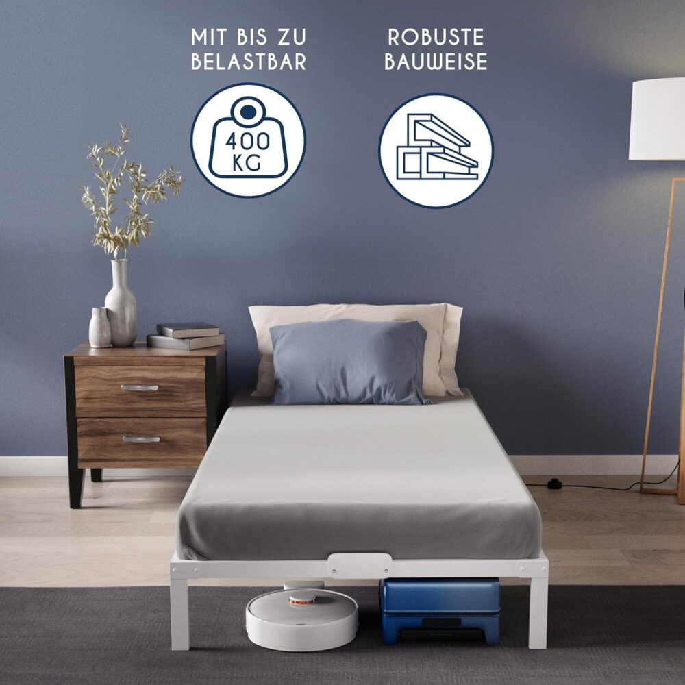 Metallbett 90x200 cm in Weiß | Stabiles Einzelbett mit Lattenrost und großem Stauraum | Höhe 35 cm, leicht zu montieren – Bild 3