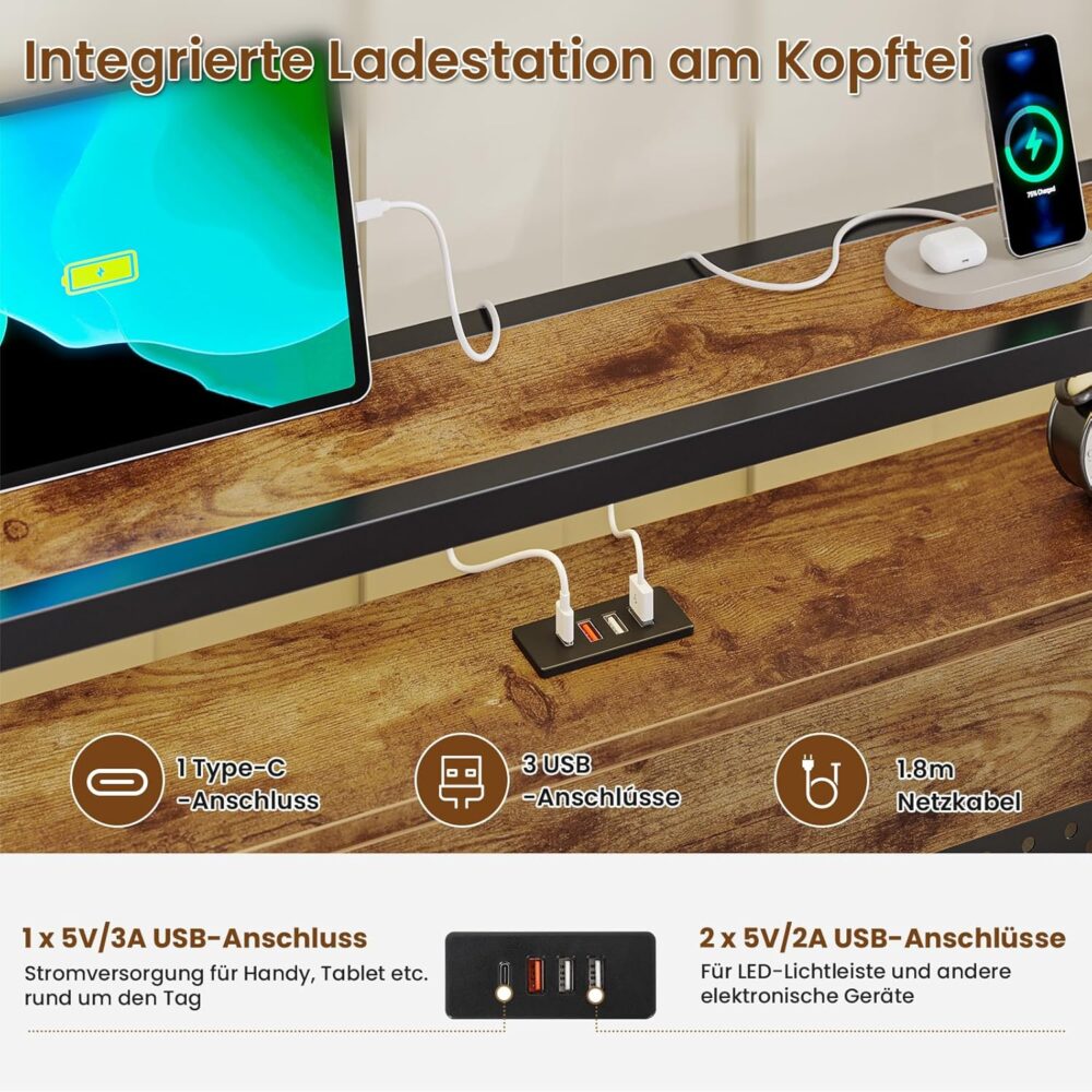 Metallbett 140x200 cm mit Lattenrost, USB-Ladefunktion & Stauraum – Doppelbett für Jugend- & Schlafzimmer – Bild 4