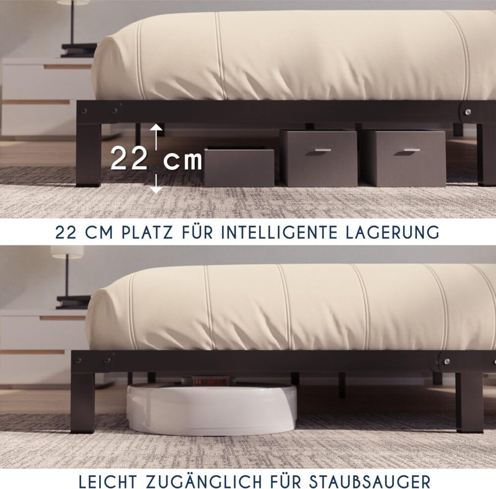Bett 140x200 mit Lattenrost aus Metall, 25 cm hoch, schwarzes Bettgestell mit Stauraum & einfacher Montage – Bild 5