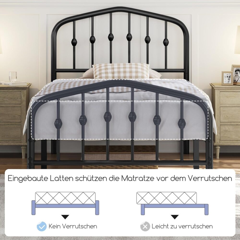 Metallbett 90x200 cm Schwarz – Vintage Bettgestell mit Kopfteil, Stabiles Einzelbett für Gäste- & Jugendzimmer – Bild 8