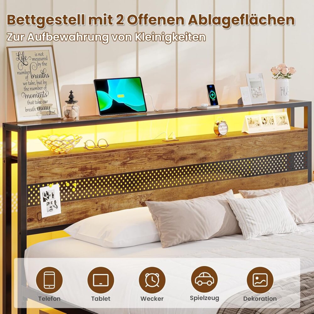 Metallbett 140x200 cm mit Lattenrost, USB-Ladefunktion & Stauraum – Doppelbett für Jugend- & Schlafzimmer – Bild 8
