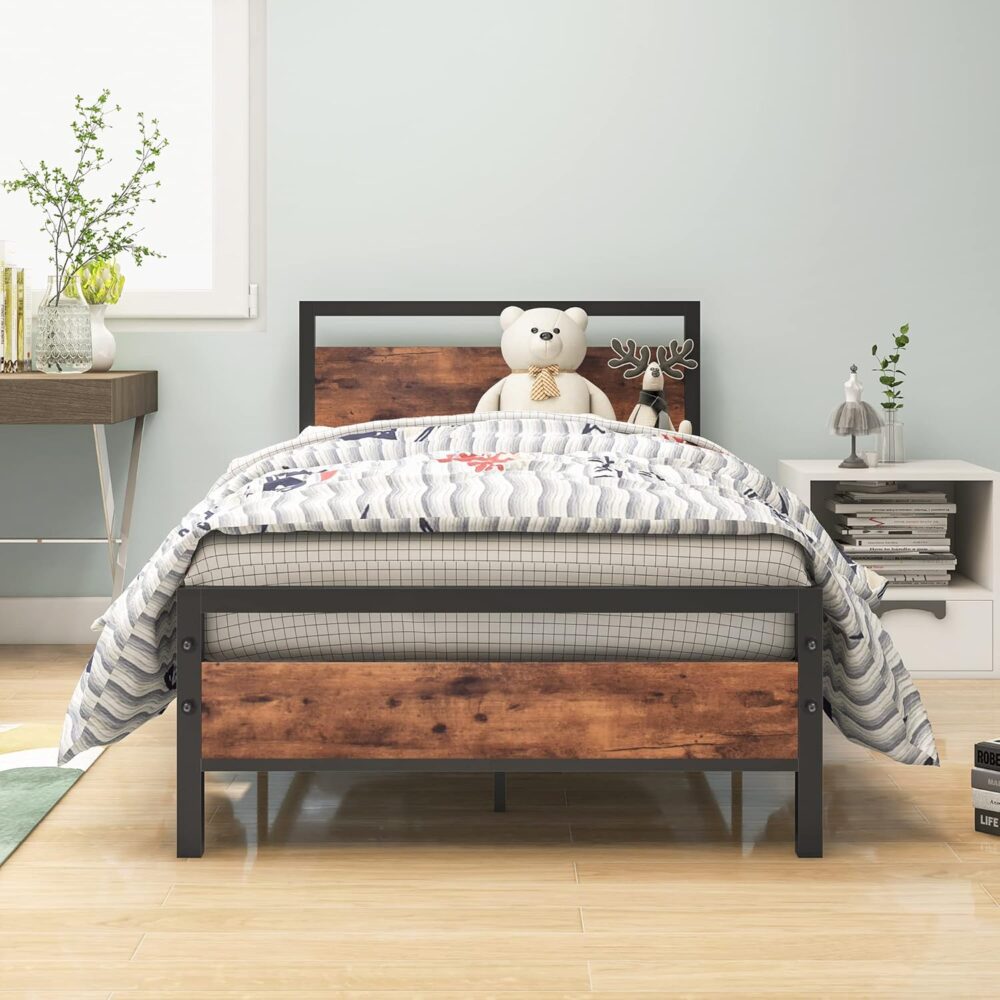 Metallbett 90x200 mit Lattenrost – Vintage Holz-Metall Bettrahmen Braun/Schwarz