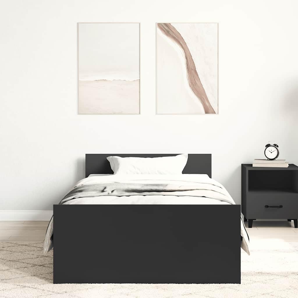 Bettgestell 90×200 cm Schwarz Holzwerkstoff mit Lattenrost, Kopfteil und Fußteil – Einzelbett für Schlafzimmer/Gästezimmer