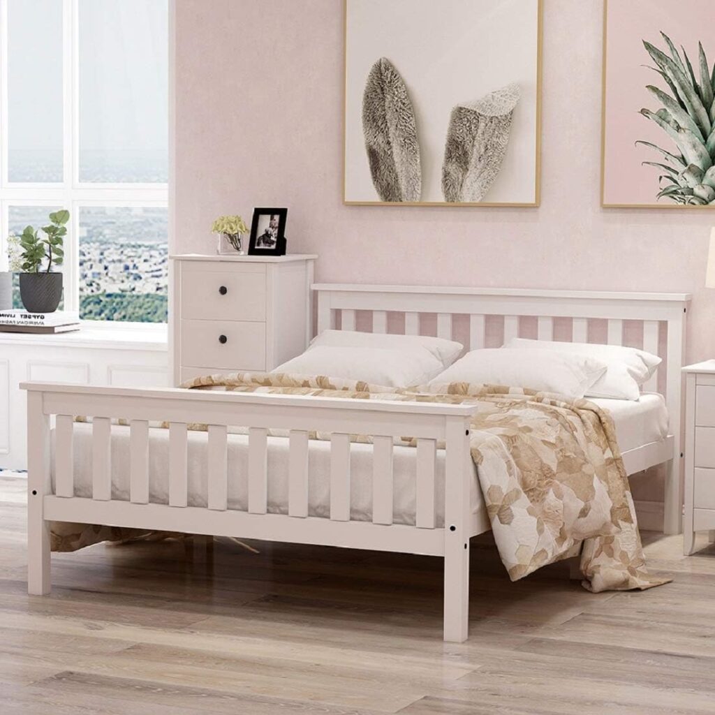 Weißes Massivholz Doppelbett 140×200 cm mit Lattenrost und hohem Kopfteil – Geeignet für Erwachsene, Kinder und Jugendliche
