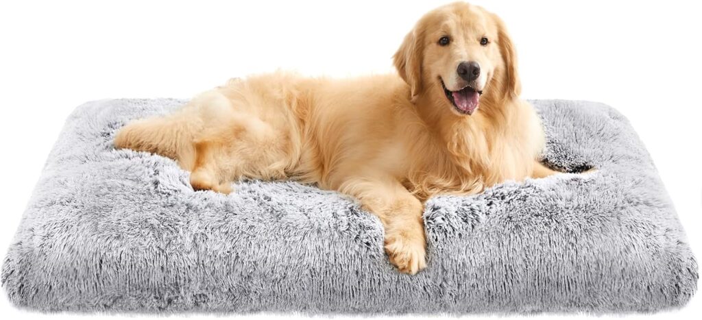 Flauschiges Hundebett: Hundekissen und flauschige Hundematte mit langem Plüsch (122 x 74 cm) – weiche Polsterung, waschbar, multifunktional, in Ombré-Grau.