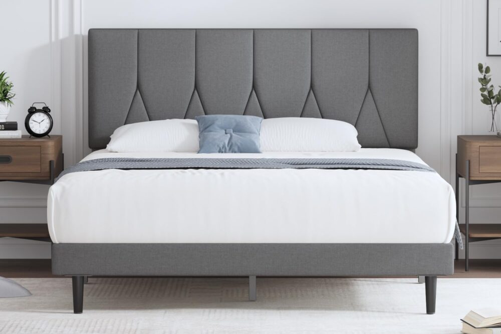 Hellgraues Stoff-Doppelbett (140x200 cm) – Polsterbett mit Kopfteil & Lattenrost – Einfache Montage.