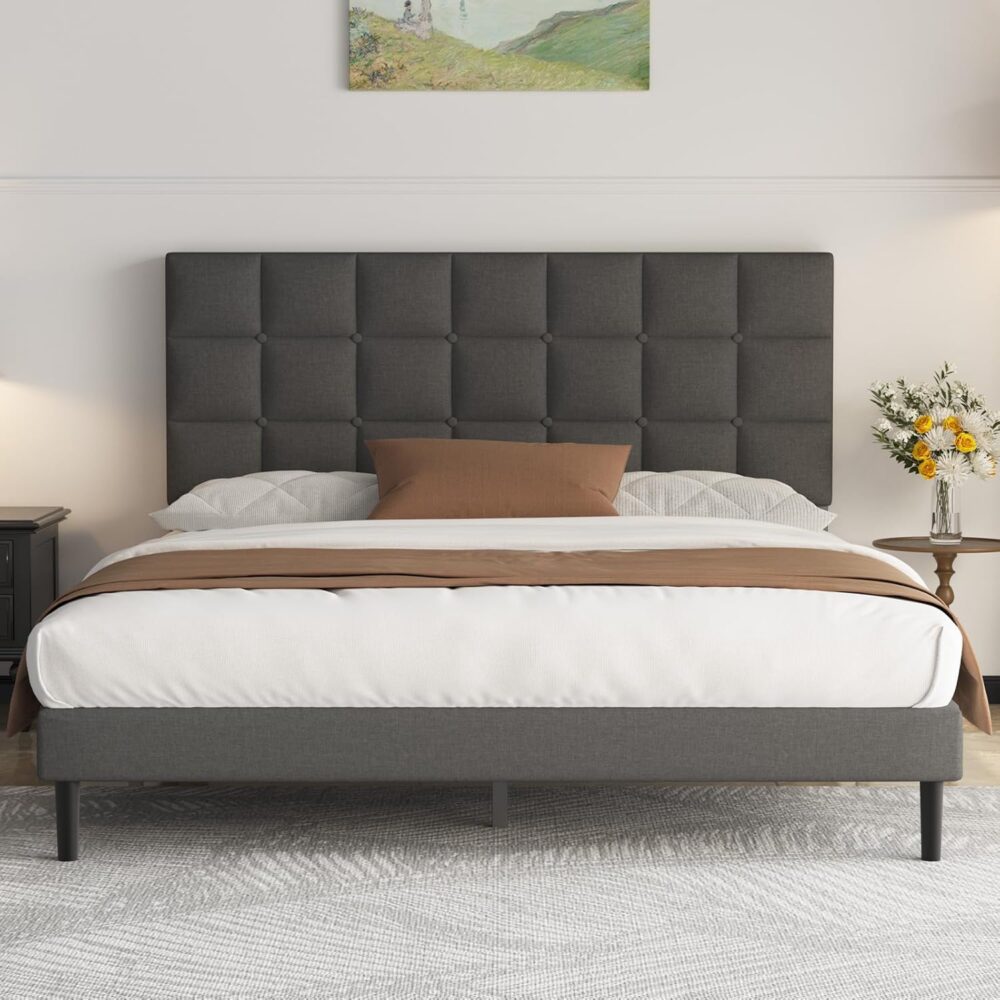 Dunkelgraues Polster-Doppelbett (140x200cm) – Bettrahmen mit Kopfteil & Lattenrost