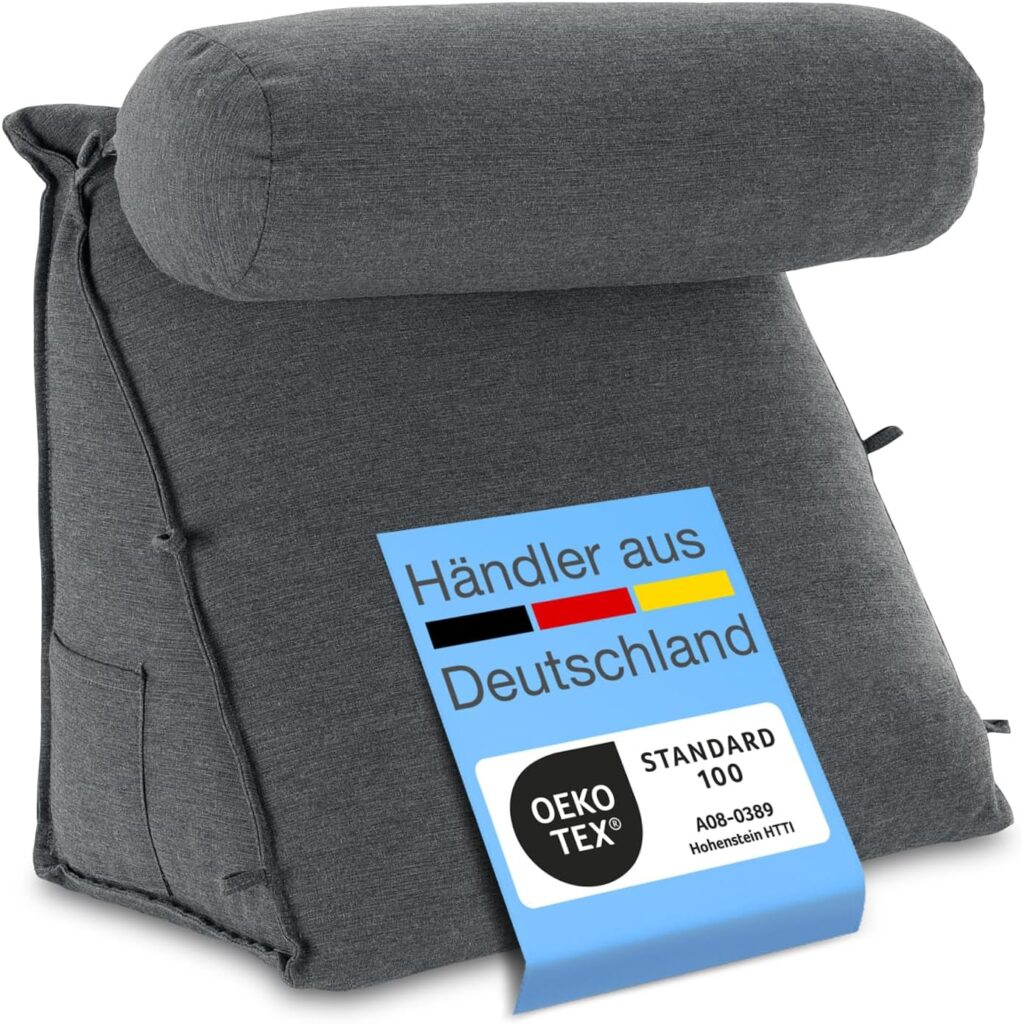 Rückenkissen für Bett/Sofa: Lesekissen mit Abnehmbarer Nackenrolle & Seitentasche – Waschbarer Bezug, Ideal als Rückenlehne