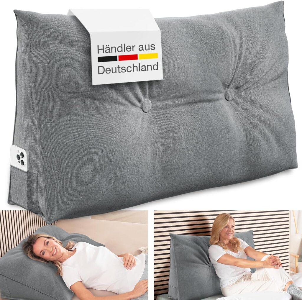 Rückenkissen (90 cm): Dreieckiges Keilkissen für Bett & Sofa – Lesekissen mit Waschbarem Bezug & Seitenfach