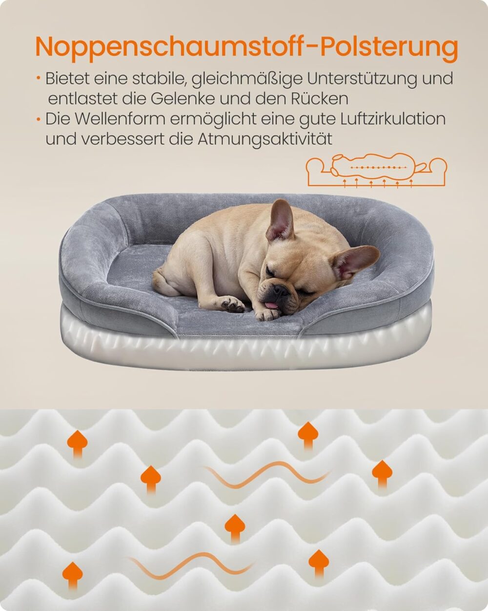 Orthopädisches Hundebett mit wasserdichter Innenschicht, abnehmbarer waschbarer Bezug, rutschfest, für mittelgroße Hunde, 76x51x18 cm, hellgrau – Bild 2