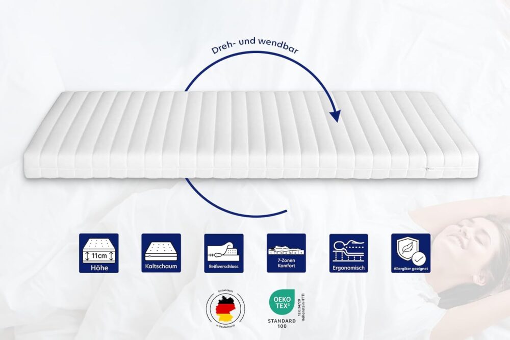 7-Zone Ergonomic Mattress | H2 & H3 Firmness | Cold Foam | Öko-Tex Certified (90 x 200 cm, 11 cm Height) – Bild 2