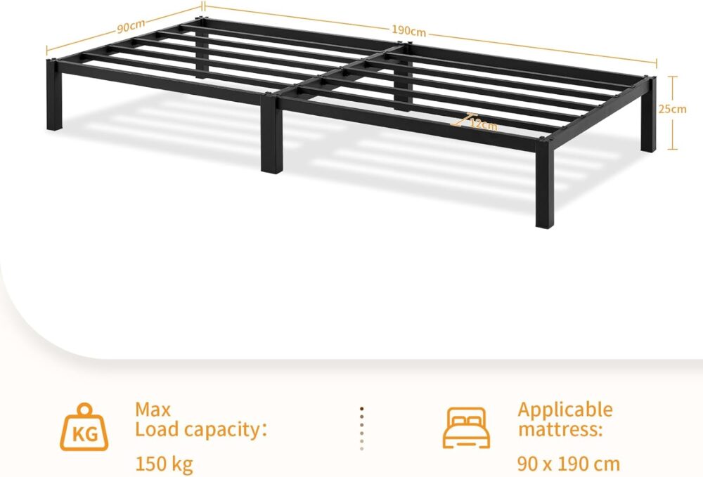 Plattform-Bettrahmen 90x190 cm – Metall Einzelbett, Montage ohne Werkzeug, Schwarz – Bild 2