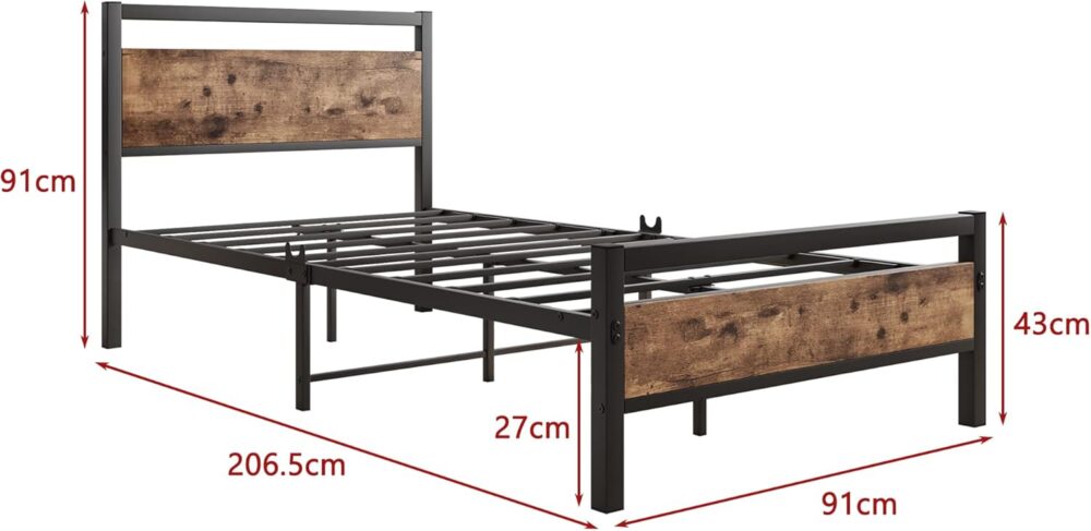 Metallbett 90x200 mit Lattenrost – Vintage Holz-Metall Bettrahmen Braun/Schwarz – Bild 2