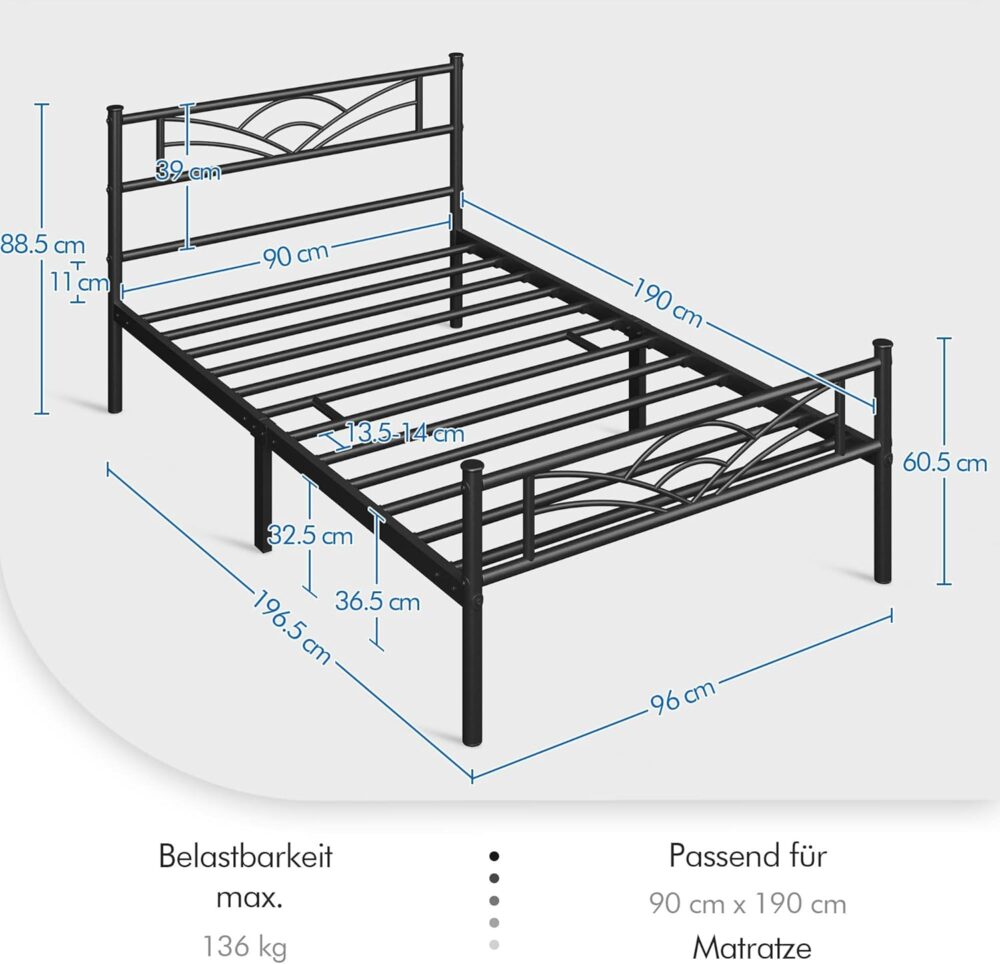 Metallbett 90x190 cm mit Lattenrost – Modernes Bettgestell für Schlafzimmer und Gästezimmer, Schwarzes Metallbett für Jugend- und Gästebett, Robust und Langlebig – Bild 2