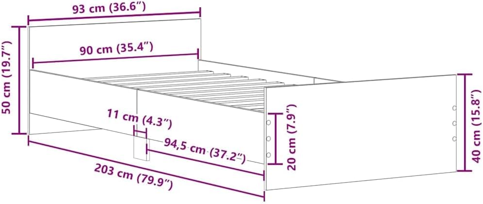 Bettgestell 90×200 cm Schwarz Holzwerkstoff mit Lattenrost, Kopfteil und Fußteil – Einzelbett für Schlafzimmer/Gästezimmer
